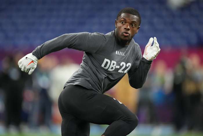Mar 3, 2023; Indianapolis, IN, USA; Utah defensive back Clark Phillips (DB22) participates in drills at Lucas Oil Stadium. Mandatory Credit: Kirby Lee-USA TODAY Sports